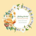 Herbal tea wreath design with Flowers, Tea pot, Sage watercolor illustration Royalty Free Stock Photo