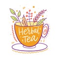 Herbal tea in yellow mug. Hand drawn vector illustration. Cartoon style.