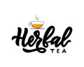 Herbal type of tea with cup. Hand calligraphy lettering. Vector illustration.