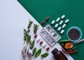 Herbal versus chemical medicine - alternative remedies flat lay comparison Royalty Free Stock Photo