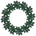 Herbal wreath with purple small flowers and juicy green moldings, decorative round frame of flowering twigs