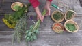 Herbalist gardener hands preparing to dry herbs and spices