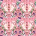 Herbalist\'s hands create harmony. A magical ritual of cleansing with herbs and stones. Seamless pattern for a modern witch.