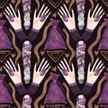 Herbalist& x27;s hands create harmony. A magical ritual of cleansing with herbs and stones. Seamless pattern for a modern