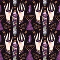 Herbalist& x27;s hands create harmony. A magical ritual of cleansing with herbs and stones. Seamless pattern for a modern