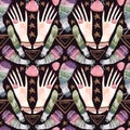 Herbalist& x27;s hands create harmony. A magical ritual of cleansing with herbs and stones. Seamless pattern for a modern