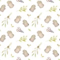 Herbals, glovers and clippers watercolor seamless pattern on white background