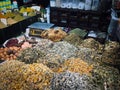 Herbals, tea and spices at food market stall Suq Al Hamidiyah in Damascus