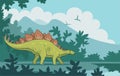 Herbivore stegosaurus on the background of an ancient forest