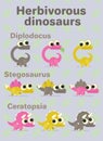 Herbivorous dinosaurs. Variants of coloring of funny dinos with big eyes. Diplodocus, ceratopsia, stegosaurus. Vector