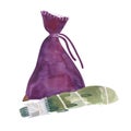 Herbology: purple suede pouch with golden corners and dried herbs for cleansing and fumigation ritual.Modern Witch. Home