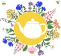 Herbs around the teapot in the circle with flying bees