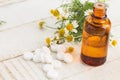 Herbs and bottle with medicines. Concept homeopathy.