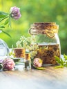 Herbs, bottles on wooden background. Alternative Medicine, Natural Healing Royalty Free Stock Photo