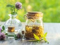 Herbs, bottles on wooden background. Alternative Medicine, Natural Healing Royalty Free Stock Photo