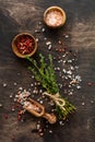 Herbs bunch thyme and condiments on old black wooden table. Thyme, sea salt and pepper. Royalty Free Stock Photo