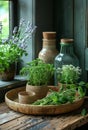 Herbs and flowers in ceramic pots and bottles on wooden table Royalty Free Stock Photo