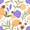 Herbs, fruits, flowers pattern. Seamless background design with herbal, floral plants, lemon, berries, leaves. Repeating