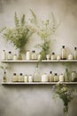 Herbs in glass bottles, traditional botanical medicine. Pagan Wiccan witchcrarft. Herbal apothecary aesthetic