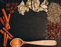 Herbs in kitchen, frame of spices, cinnamon sticks, star anise, wooden spoon, Various spices on stone black table Royalty Free Stock Photo