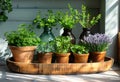 Herbs in old bottles on wooden tray. A fresh herbs displayed on a platter Royalty Free Stock Photo