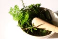 Herbs with pestle and mortar Royalty Free Stock Photo