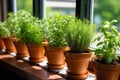 Herbs in pots on window sell. Home gardening