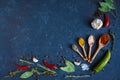 Herbs and spices on black background in the form of a frame. Food background. measuring spoon . spice spoon Copy space Royalty Free Stock Photo