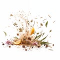 Herbs, spices, and citrus fragments burst together in a vibrant explosion on a white background Royalty Free Stock Photo