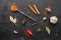 Herbs spices and condiments on a black background Royalty Free Stock Photo