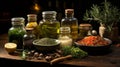 Herbs and spices infused cooking olive oil. Generative AI. Royalty Free Stock Photo