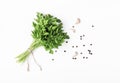 Herbs and spices isolated on white background. Parsley, garlic and pepper. Ingredients for cooking. Flat lay. Royalty Free Stock Photo