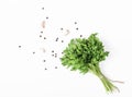 Herbs and spices isolated on white background. Parsley, garlic and pepper. Ingredients for cooking. Flat lay. Royalty Free Stock Photo