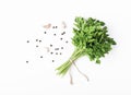 Herbs and spices isolated on white background. Parsley, garlic and pepper. Ingredients for cooking. Flat lay Royalty Free Stock Photo