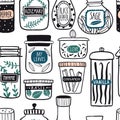 Herbs and spices jars seamless pattern