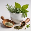 Herbs and spices in mortar with pestle, isolated on white background Royalty Free Stock Photo