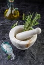 Herbs and Spices, Mortar and Pestle, Rosemary, Olive Oil and Salt Royalty Free Stock Photo