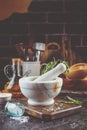 Herbs and Spices, Mortar and Pestle, Rosemary, Olive Oil and Salt Royalty Free Stock Photo