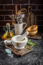 Herbs and Spices, Mortar and Pestle, Rosemary, Olive Oil and Salt Royalty Free Stock Photo