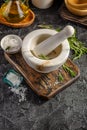 Herbs and Spices, Mortar and Pestle, Rosemary, Olive Oil and Salt Royalty Free Stock Photo