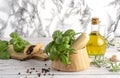 Herbs and Spices, Mortar and Pestle, wooden board, rosemary and basil, oil and pepper and salt on wooden spoon Royalty Free Stock Photo