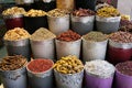 Herbs spices rose petals menthol crystals blue dye at the old market in Dubai United Arab Emirates