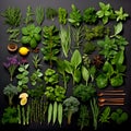Herbs and spices selection on dark wooden background. Top view.