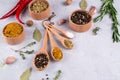 Herbs and spices selection in wooden spoons - rosemary, garlic, salt, pepper on gray table. Food flat lay. Royalty Free Stock Photo