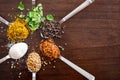 Herbs and spices on spoons - wooden table top lay flat image