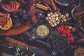 Herbs and spices. Top view of Indian organic dried herbs and spices including chilli, peppers, buttlefly peas, goji berries, bael Royalty Free Stock Photo