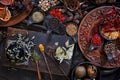 Herbs and spices. Top view of Indian organic dried herbs and spices including chilli, peppers, buttlefly peas, goji berries, bael Royalty Free Stock Photo