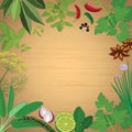 Herbs and spices on wooden board background