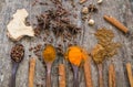 Herbs and spices on a wooden board. Spice spoon. Royalty Free Stock Photo