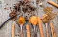 Herbs and spices on a wooden board. Spice spoon. Royalty Free Stock Photo